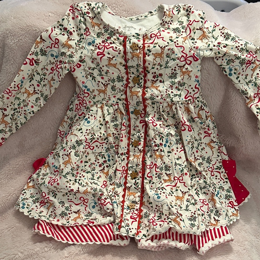 SweetHoney Holiday Deer Dress with Red and Green